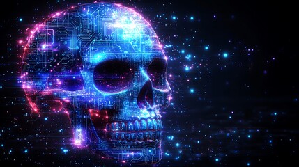Digital skull, futuristic, glowing, technology, dark background. Possible use stock photo