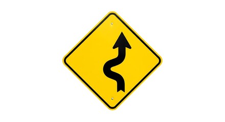 A yellow diamond-shaped traffic sign warning of a sharp curve ahead, centered on a white background