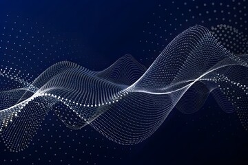 Abstract futuristic blue wave with moving dots. The flow of particles with glitch effect. Ideal graphics for brochures, flyers, business cards, and banners