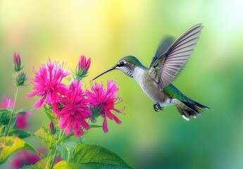 Fototapeta premium Vibrant Hummingbird in Flight with Colorful Pink Flowers Against a Soft Green Background in a Serene Natural Setting