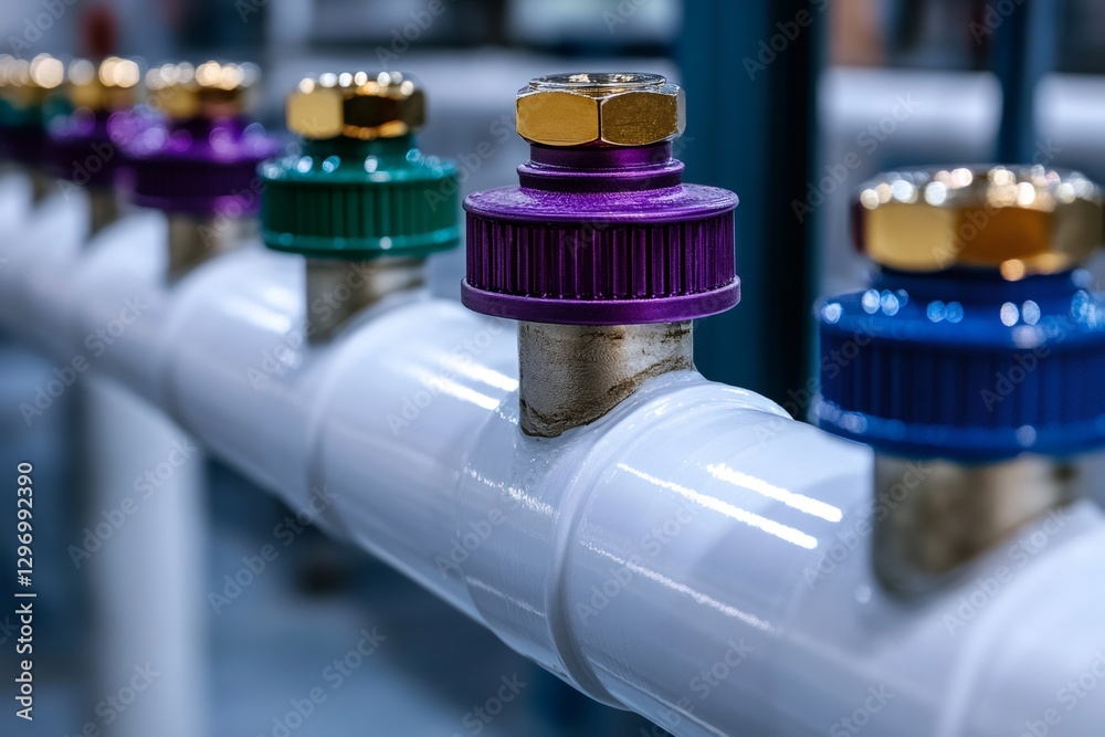 Poster colorful valves regulating flow in industrial pipeline system