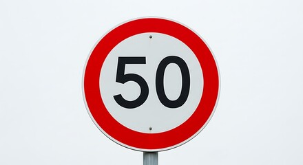 A circular red and white speed limit sign displaying '50', against a white background