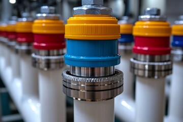 Industrial pipes with colorful connectors representing modern plumbing system