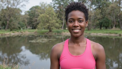 Fototapeta premium Serene African woman in pink yoga attire beaming with joy amidst scenic nature a perfect image of inner peace and wellness