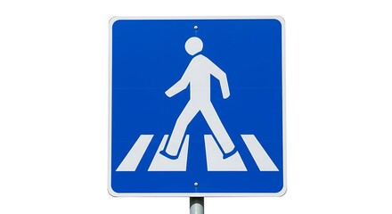 A pedestrian crossing sign featuring a human figure on a blue background, placed on a white backdrop