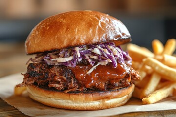Delicious burger with pulled pork, coleslaw, and french fries displayed on table