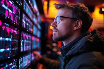 Fototapeta premium A trading professional analyzing market metrics on a large screen