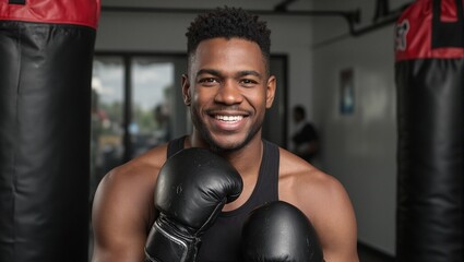 Confident African American boxer smiling proudly in a gym muscles flexed ready to take on any challenge