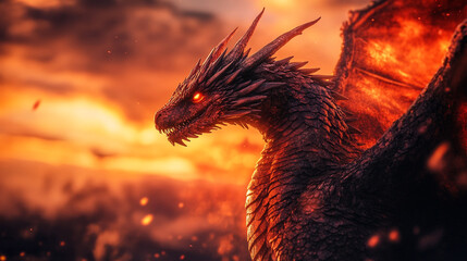 Fiery dragon fantasy art powerful creature majestic wings burning inferno dramatic red orange sunset
