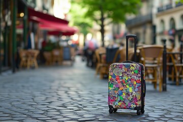 Colorful suitcase with travel stickers stands in outdoor café setting, celebrating world tourism day. Concept: suitcase with travel stickers inspiring wanderlust and adventure