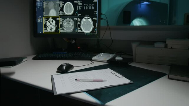 Medium zoom out no people shot of workplace of radiologist at CT clinic &ndash; computer and patient form on desk, remote MRI control for imaging machine, brain scan on screen