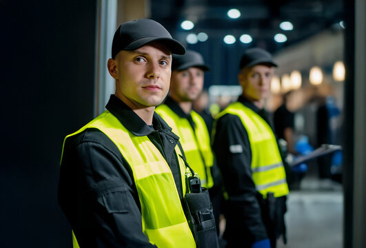 A team of security guards in yellow vests and caps