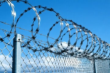 Razor wire coils protecting chain link fence under blue sky