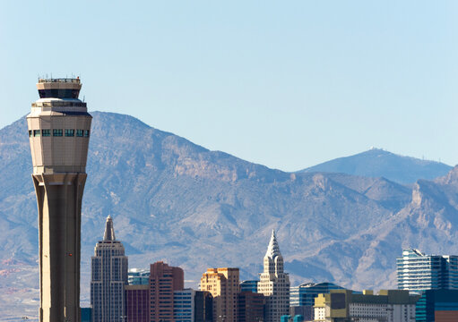 Las Vegas skyline with airport control tower 
