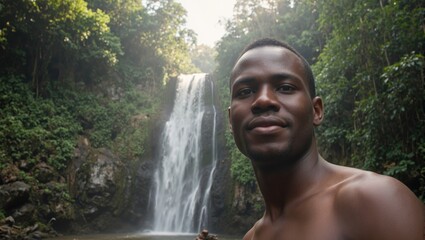 A joyful man with African features by a jungle waterfall bathed in sunlight amid dense greenery