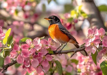 Obraz premium Vibrant Orange Bird Perched on a Blooming Pink Flowering Tree Branch Surrounded by Colorful Blossoms in a Scenic Spring Landscape