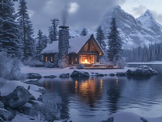 Fototapeta premium Snowy cabin by lake at dawn