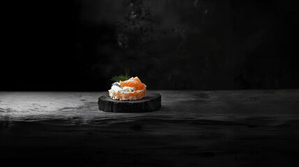 salmon canape with cream and dill on dark wood, black background.