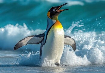 Fototapeta premium Vibrant penguin splashing through ocean waves on a sunny day, showcasing its unique colors and playful nature in a stunning natural environment