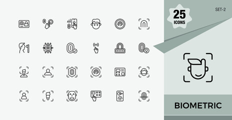 Biometric icon set. Icons identification, fingerprint, voice, detect, scan, code and more. Editable stroke icon collections. Set-2