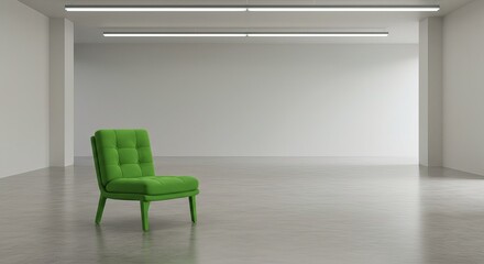 Fototapeta premium A single vibrant green upholstered chair sits in a spacious, minimalist room with bright overhead lighting and polished concrete floors. The walls are plain white.