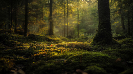 Serene green forest landscape with moss covered trees sunlight calm dark wild image rural nature