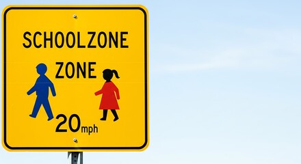 A school zone warning sign in yellow, featuring two walking children, centered on a white background