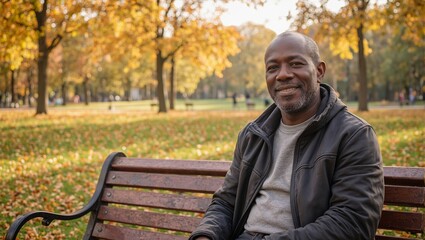 Fototapeta premium Happy African elder on a park bench amid autumn leaves radiating joy under the gentle sun