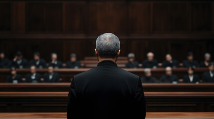The Weight of Justice: A lone figure, viewed from the back, stands before a panel of judges, in a solemn courtroom setting, creating a powerful image of authority and the judicial process.