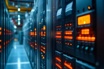 Server room blinking lights indicate working datacenter network equipment