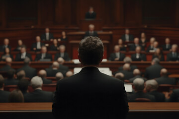 Power and Discourse: A man in a suit looks over a chamber where many people sit and someone give speech. This composition can depict policy, leadership, and decision-making