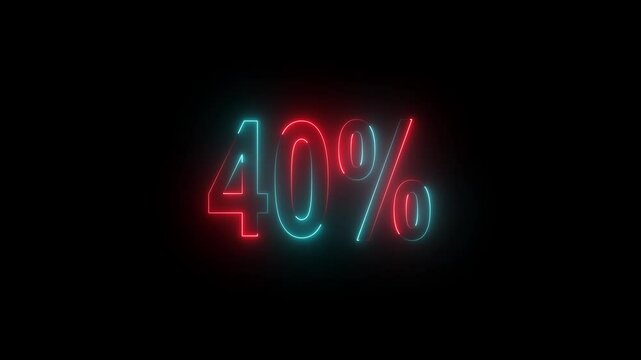 Neon glowing 40 percent sign on black background. Abstract 40% percent text neon animation.