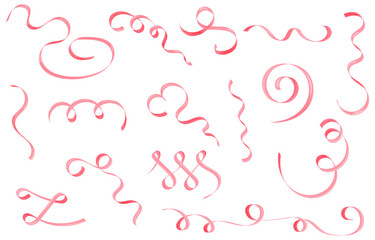 Vintage Red Ribbons Set, Decorative Elements, Watercolor Strips Collection, Different Forms