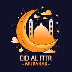 eid mubarak islamic background moon star and mosque . greeting background for vector illustration, poster and banner.
