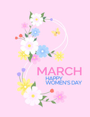 Eight number with flowers and plants on a pink background. Greeting card for International Women's Day. 