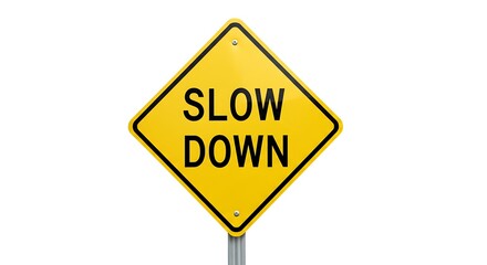 A slow down sign in yellow with bold black letters, placed on a plain white background.