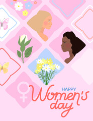 Flowers, butterfly and women's on a colorfull blocks. Vector card for Women's day.