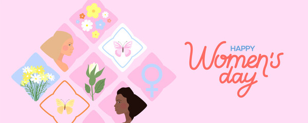 Flowers, butterfly and women's on a colorfull blocks. Vector banner for Women's day.