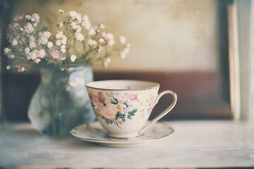 A vintage teacup with flowers and a delicate floral design