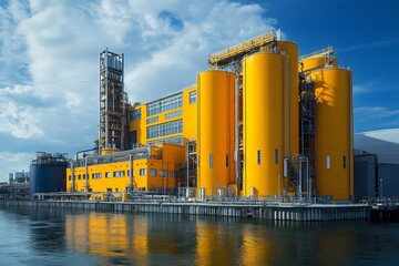 Obraz premium Modern yellow chemical plant processing materials on riverbank with cloudy sky