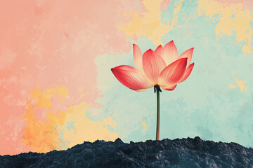 Beautiful and delicate red orange lotus flower on pastel colorful background with copy space. Minimal concept 