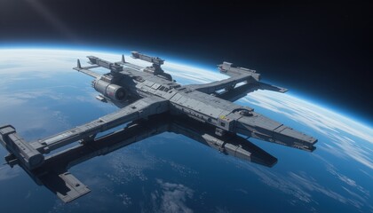 Naklejka premium Futuristic Spaceship Hovering Near a Planet with a Starry Sky in the Background