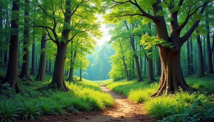 Serene forest landscape with lush greenery and sunlit pathways creating a peaceful natural environment
