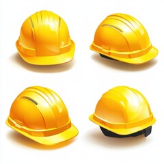 A collection of four yellow construction helmets showcasing different angles and designs.