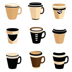 A collection of stylized coffee cups in various shapes and colors, showcasing a modern design aesthetic.