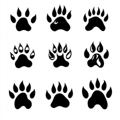 A diverse collection of black paw prints arranged in a 3x3 grid, showcasing various styles and designs.