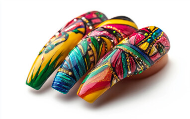 Obraz premium Rio Carnival Nail Design: Gold, Glitter, and Glamour Isolated On White background.