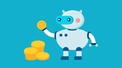 Obraz premium Robot Hand Sending Coins to Piggy Bank A friendly robot hand reaching out with coins and placing them into a cartoon piggy bank below symbolic of automated savings.