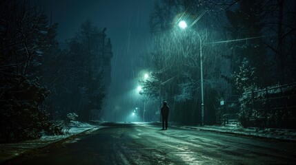 Silhouette of a person on a misty, deserted street at night under glowing streetlights, creating a mysterious and atmospheric scene.