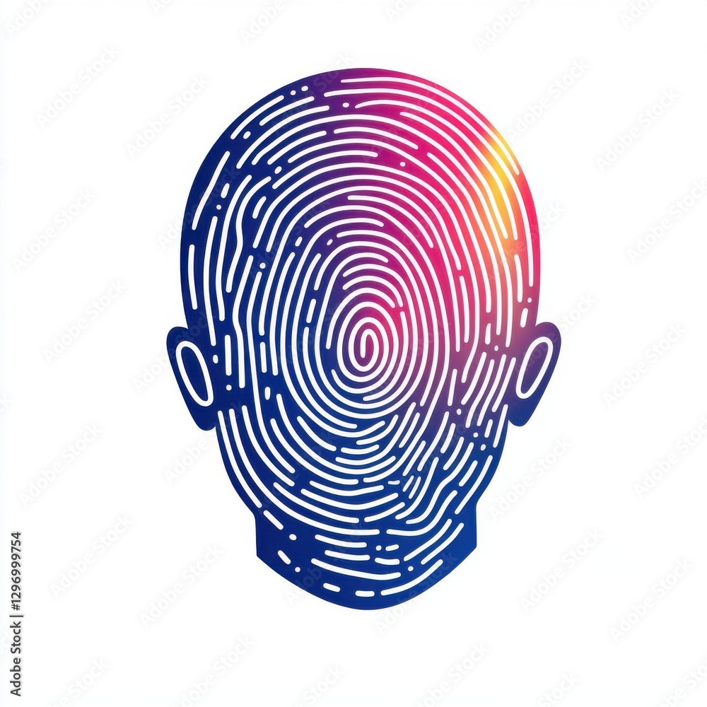 Poster abstract design of a human head made from a colorful fingerprint pattern, evoking themes of identity